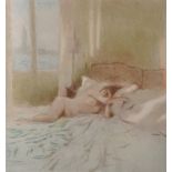 Bernard Dunstan (1920-2017) British. A Nude Lady lying on a Bed, with a distant View of Venice