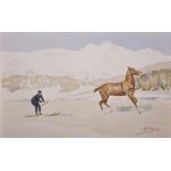 Carlo Pellegrini (1866-1937) Italian. A Gentleman Skiing, being pulled along by a Horse,
