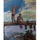Boris Feodorovich Borzine (1922-1991) Russian. "Fishing", Two Young Men sitting on a Bridge Fishing,