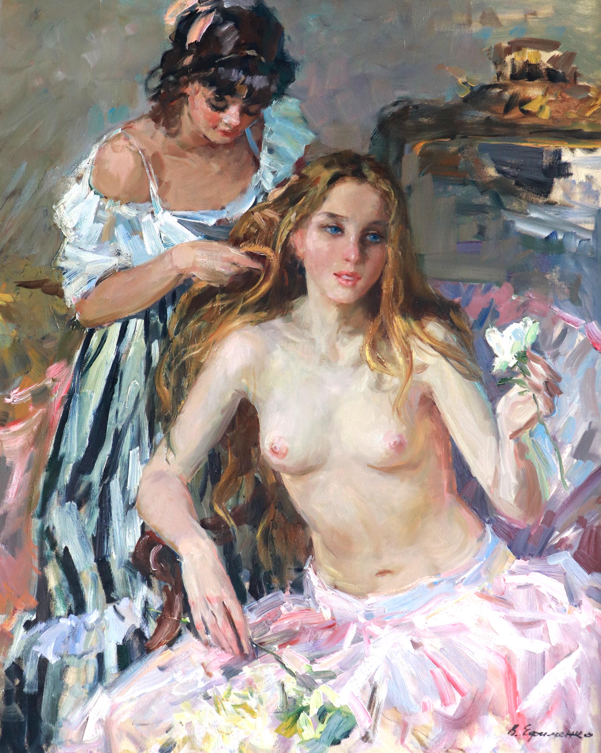 Victor Romanovich Efimenko (1952-2017) Russian. "The New Hairdo", a Semi Naked Woman, seated with