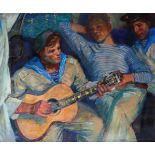 Kira Sergeevna Ivanova (1928- ) Russian. "Sea Men Listening to the Guitar", with seated Sailors, Oil