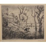 F...Grundie (20th Century) European. River Landscape with a Washerwoman, Etching, Indistinctly