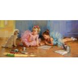 Konstantin Razumov (1974- ) Russian. "A Drawing Lesson", Two Young Girls and a Puppy, lying on the