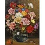 20th Century English School. Still Life of Flowers in a Glass Vase, Oil on Artist's Board,