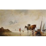 Romerol (20th Century) Continental. A Beach Scene, with Horses and a Young Shrimper, Oil on