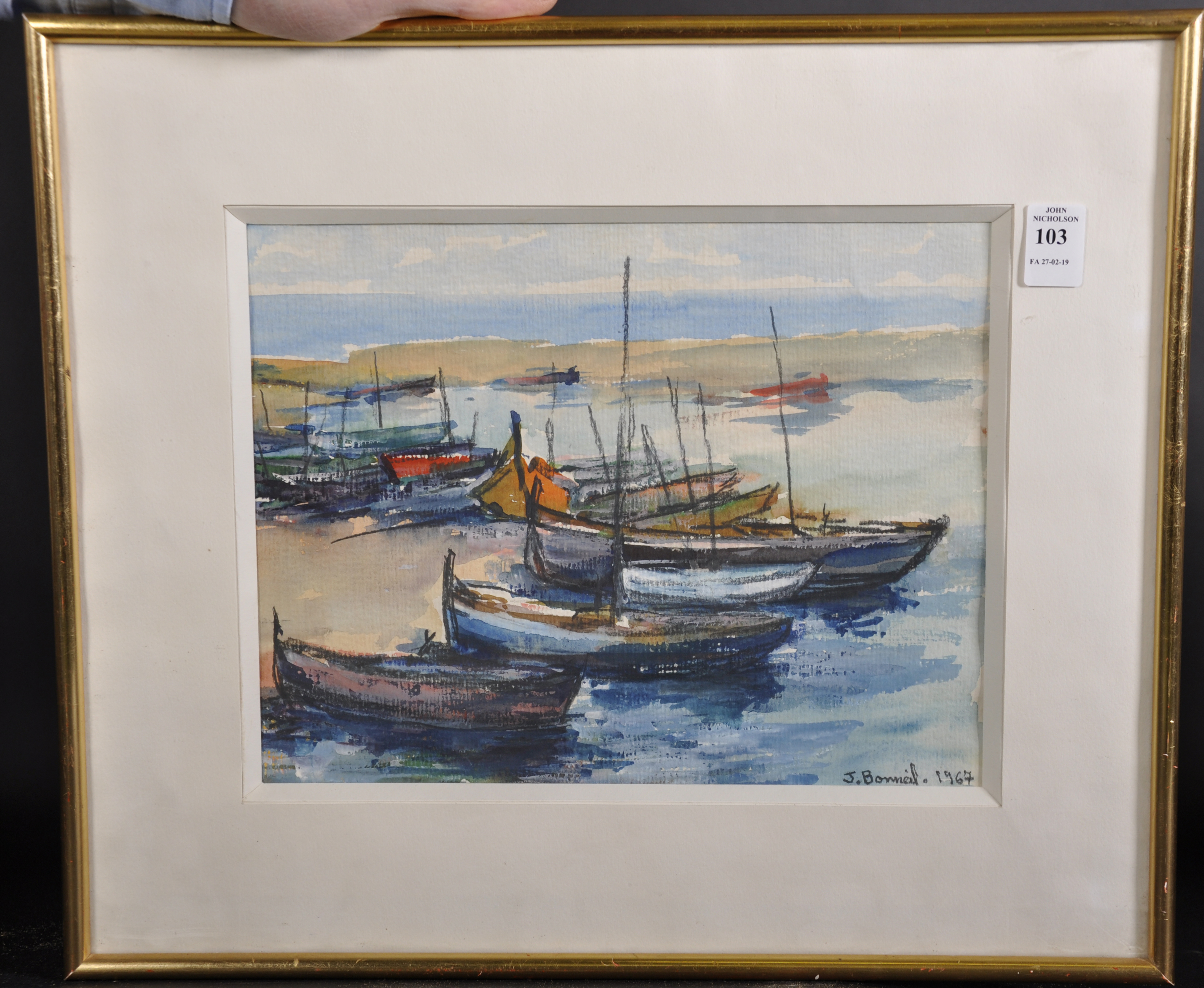 J... Bonneil (20th Century) French. "Le Barcaier" Boats Moored on the Beach, Watercolour, Signed and - Image 2 of 5