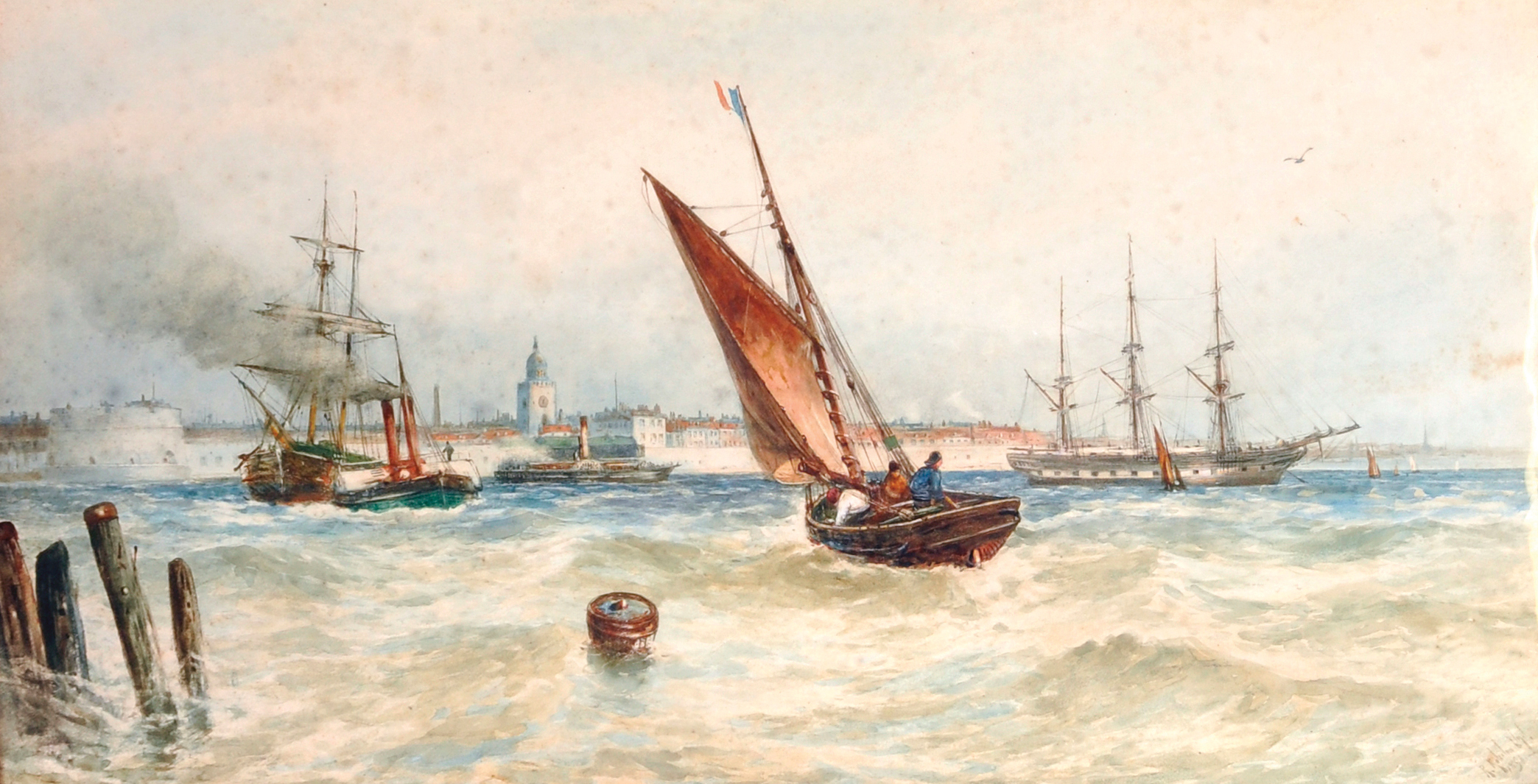 Robert Malcolm Lloyd (1859-1907) British. Shipping near a French Harbour, Watercolour, Signed and