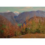 Nikolai Alexandrovitch Pashkanis (1923-1978) Russian. "Mountains in Autumn", Oil on Board, Signed in
