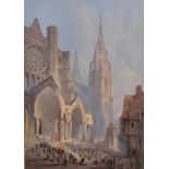 Edwin Thomas Dolby (act.1849-1895) British. A Continental Cathedral, with a Procession in the