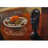 20th Century English School. A Still Life with a Tribal Head and Bowl of Fruit on a Table, Oil on