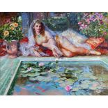 Konstantin Razumov (1974 ) Russian. "Near the Water", A Beautiful Semi Naked Lady lying by a Lily