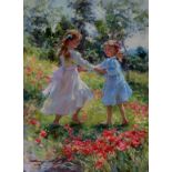Konstantin Razumov (1974- ) Russian. "In the Field of Poppies", Two Young Girls holding hands in a