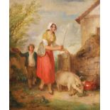 Francis Wheatley (1747-1801) British. A Mother and Child leading a Pig through a Gate, Oil on