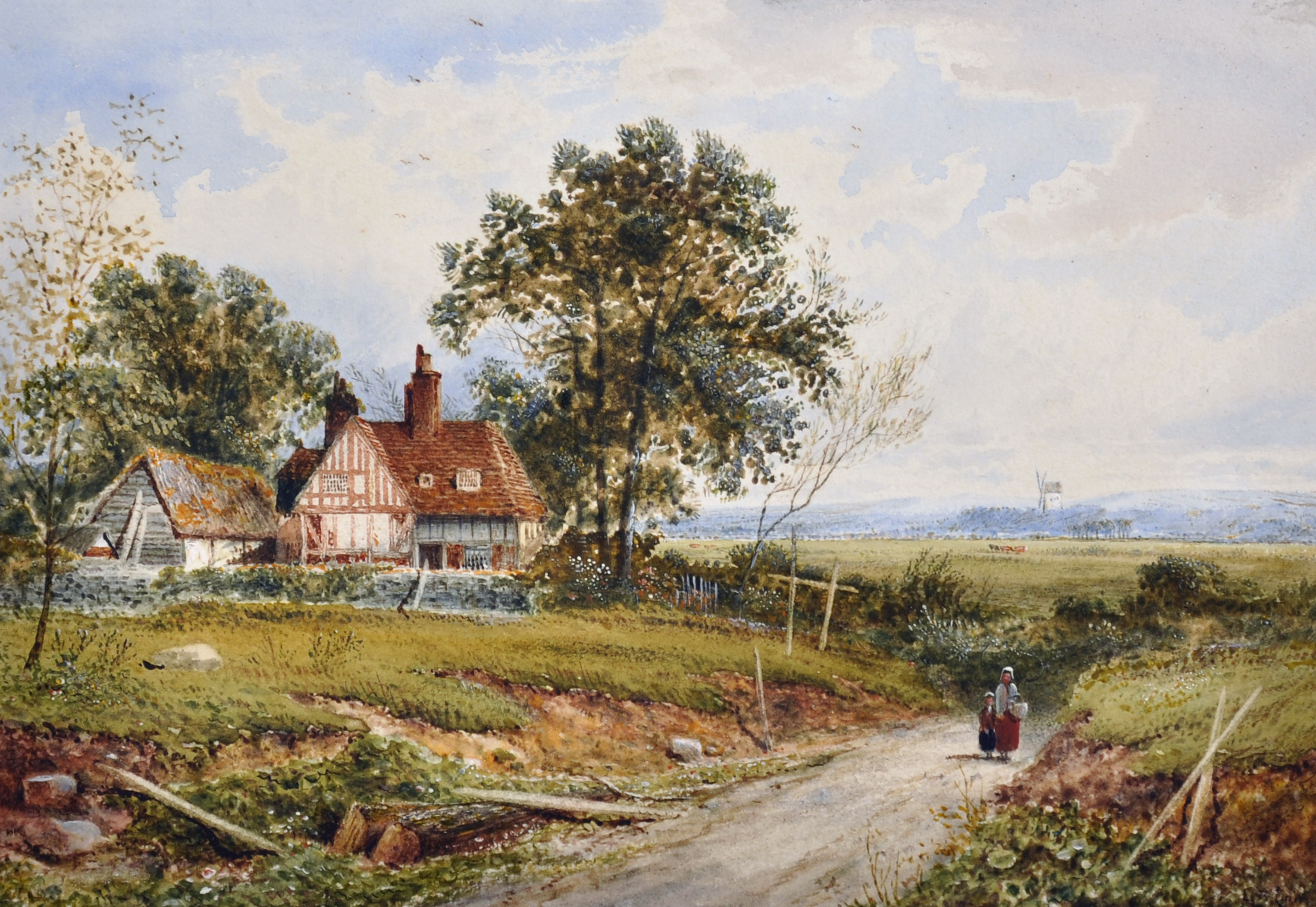 Edward Beecham Lait (19th Century) British. 'Sussex Farm and Windmill', Watercolour, Signed, 7" x