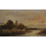 W... Neet (19th Century) British. A River Landscape, with Figures in a Boat, and a Church in the