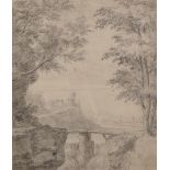 18th Century English School. A River Landscape, with Hilltop Fortifications in the distance, Pencil,