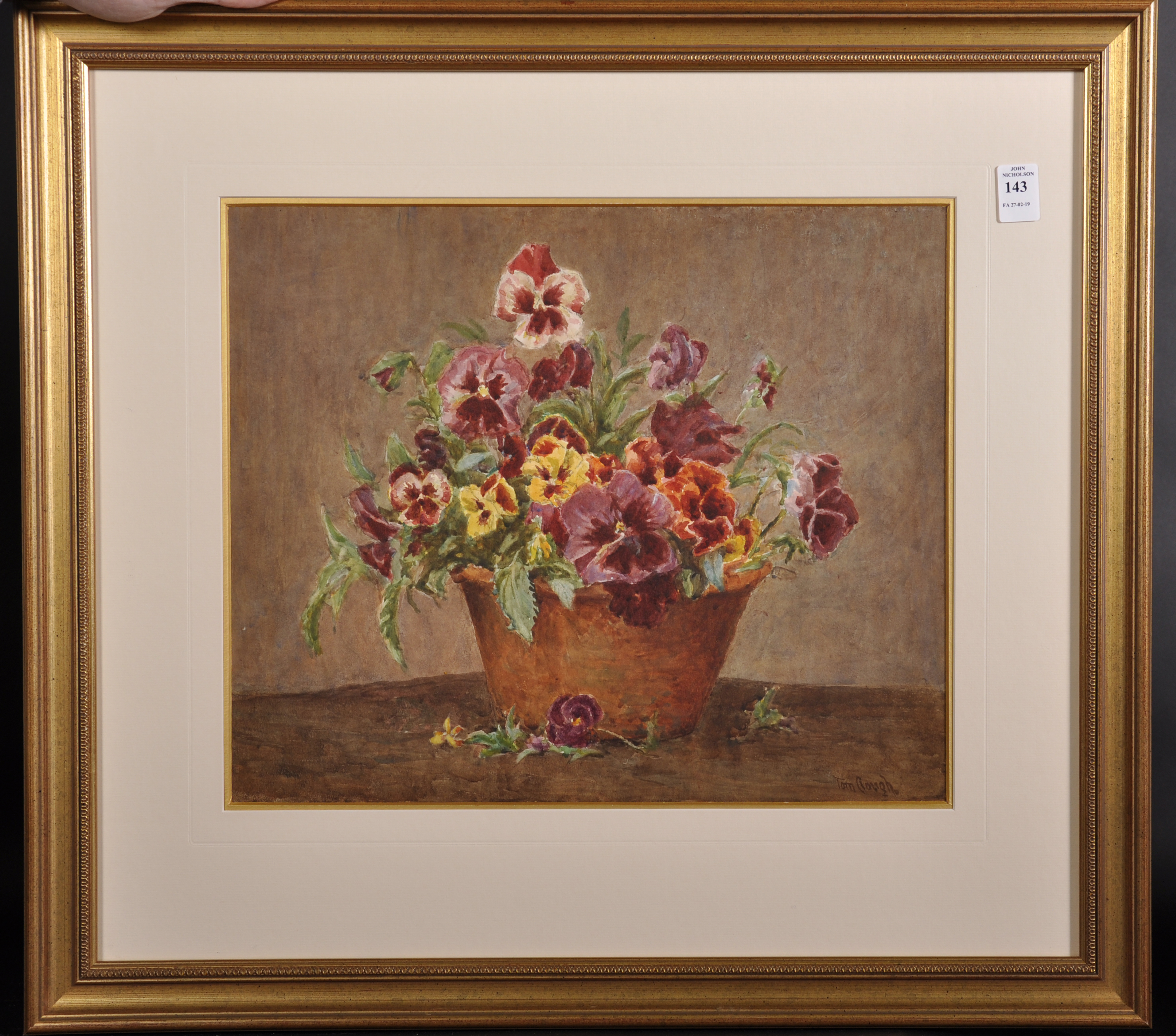 Tom Clough (1867-1943) British. Still Life of Pansies in a Brown Pot, Watercolour, Signed, 13" x - Image 2 of 5
