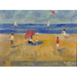 20th Century English School. Figures on a Beach under an Umbrella, with Children Flying a Kite,