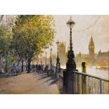 John Donaldson (1945- ) British. "Westminster from the South Bank", Oil on Board, Signed, and