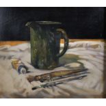 Ken Moroney (1949-2018) British. "Studio Still Life", with a Green Jug, Tube of Paint and Brushes,