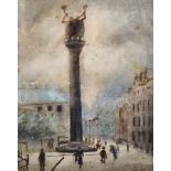 20th Century Northern European. A Street Scene with Figures by a Tall Monument, Watercolour,