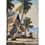 Abu Bakar Ibrahim (1925-1977) Malaysian. A Figure Carrying Water on a Beach by a Hut under Palm