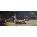 19th Century Scandinavian School. A Lady dressed in White, with her Maid, standing on a Rocky Beach,