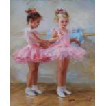 Konstantin Razumov (1974- ) Russian. "Two Little Girls Preparing for a Ballet Lesson", Two Young