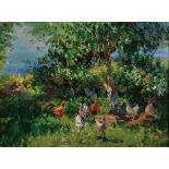 Anatoly Nikolaevitch Gourine (1915-1971) Russian. "The Hens, 1964", A Summer Landscape with