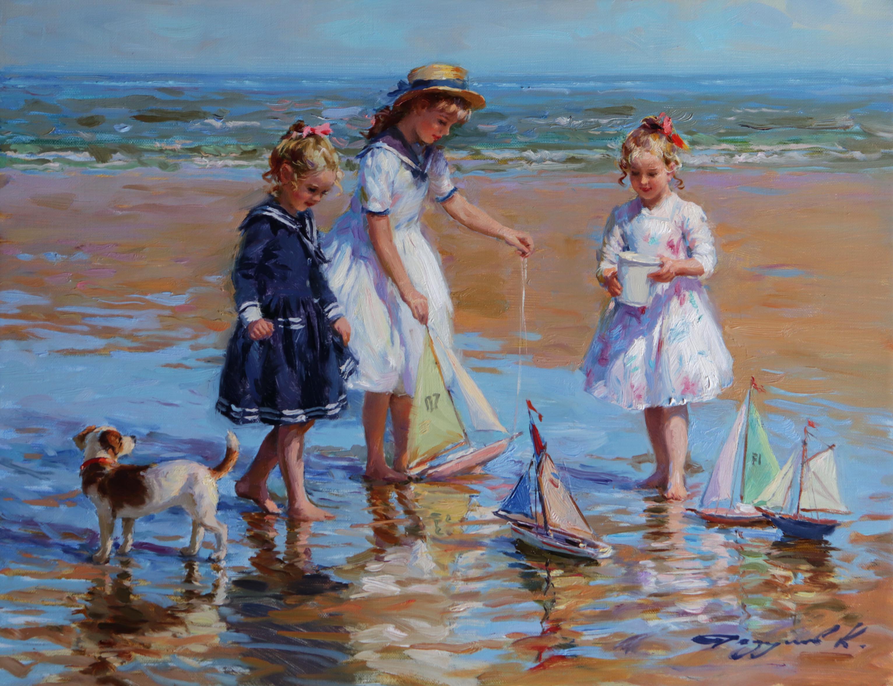 Konstantin Razumov (1974- ) Russian. "On the Seashore", Children and a Dog playing on the Beach with
