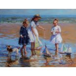 Konstantin Razumov (1974- ) Russian. "On the Seashore", Children and a Dog playing on the Beach with