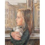 20th Century Russian School. A Young Girl holding a Rabbit, standing by a Window, Oil on Canvas,