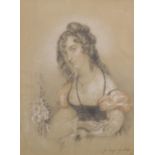 20th Century French School. Study of a Seated Lady, with Flowers by her side, Mixed Media, Signed