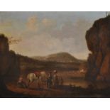 18th Century Dutch School. A Mountainous River Landscape, with Figures in the foreground, Oil on