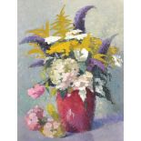 20th Century English School. Still Life of Summer Flowers in a Red Vase, Oil on Board, Unframed,