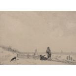 19th Century English School. Figures and Dogs on a Beach, with Shipping in the distance, Ink, Signed