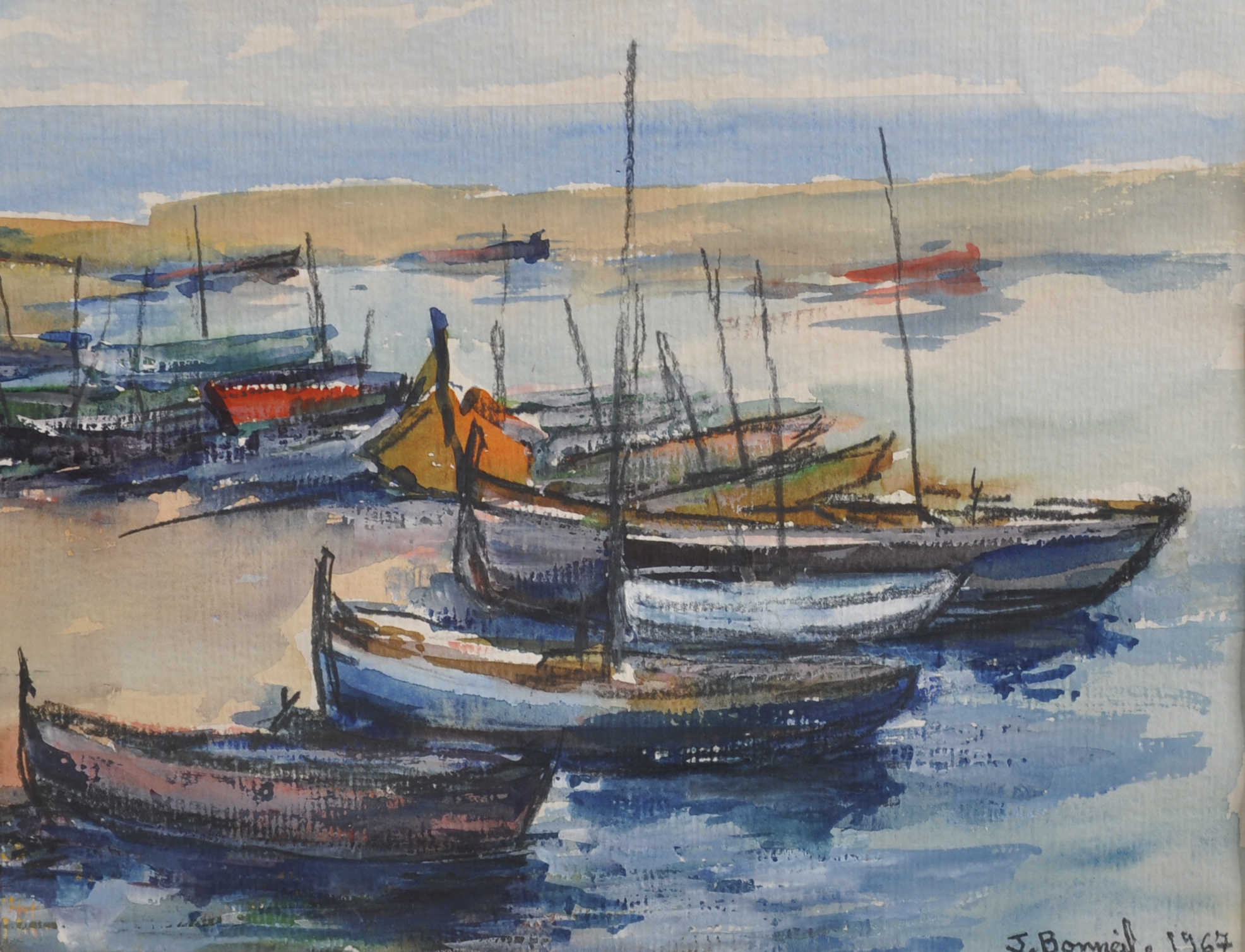 J... Bonneil (20th Century) French. "Le Barcaier" Boats Moored on the Beach, Watercolour, Signed and