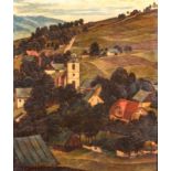 20th Century European School. A Hillside Village, Oil on Board, 11" x 9.25".