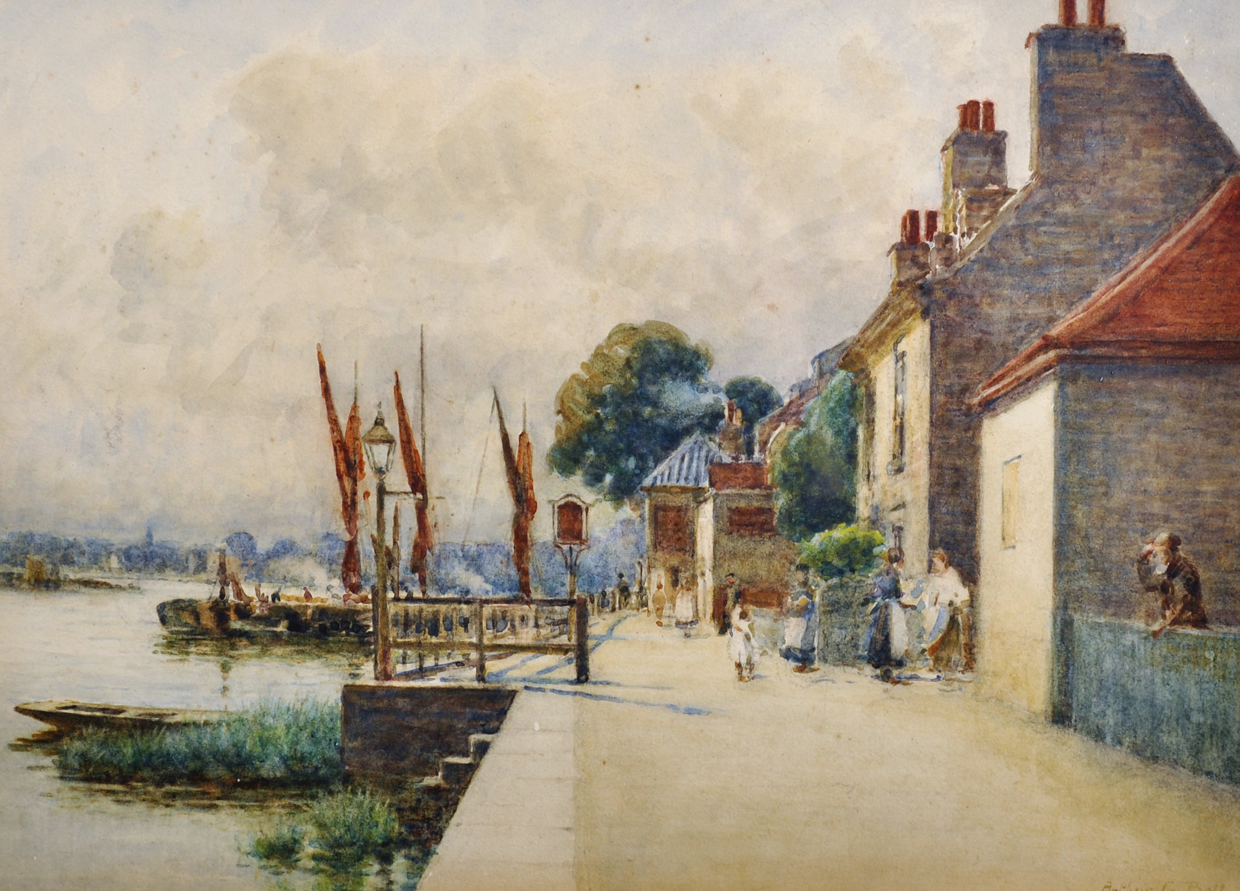 Arthur George Bell (1849-1916) British. A Riverside Town Scene, with Figures Conversing,