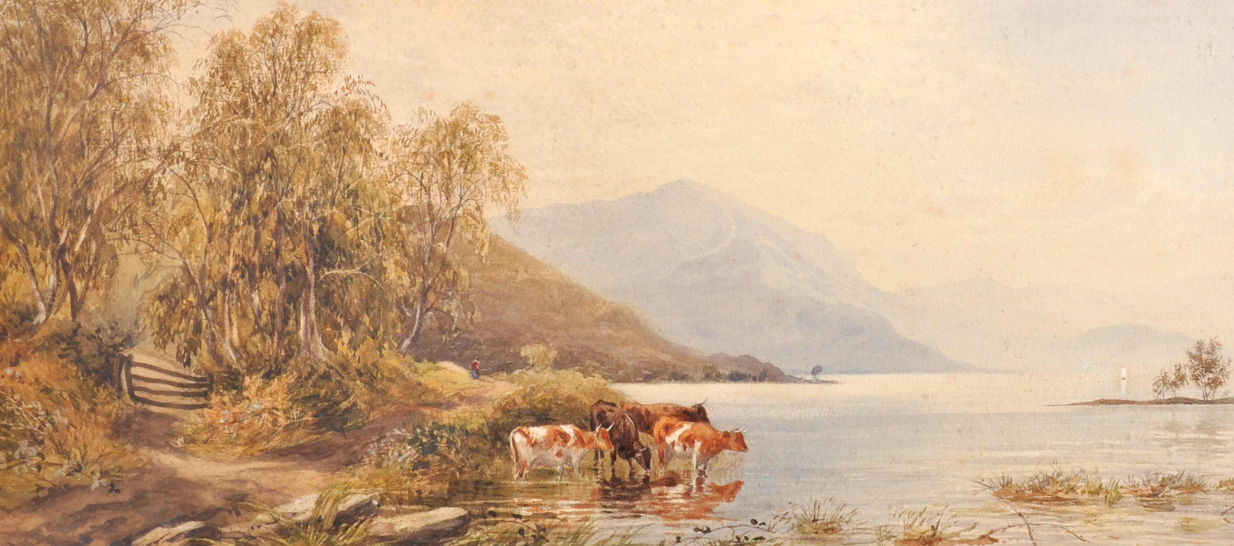 John Carlisle (act.1866-1916) British. Cows Watering in a Highland Landscape, Watercolour, Signed