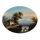 19th Century Northern European School. A Fisherman with a Woman standing nearby a River with a