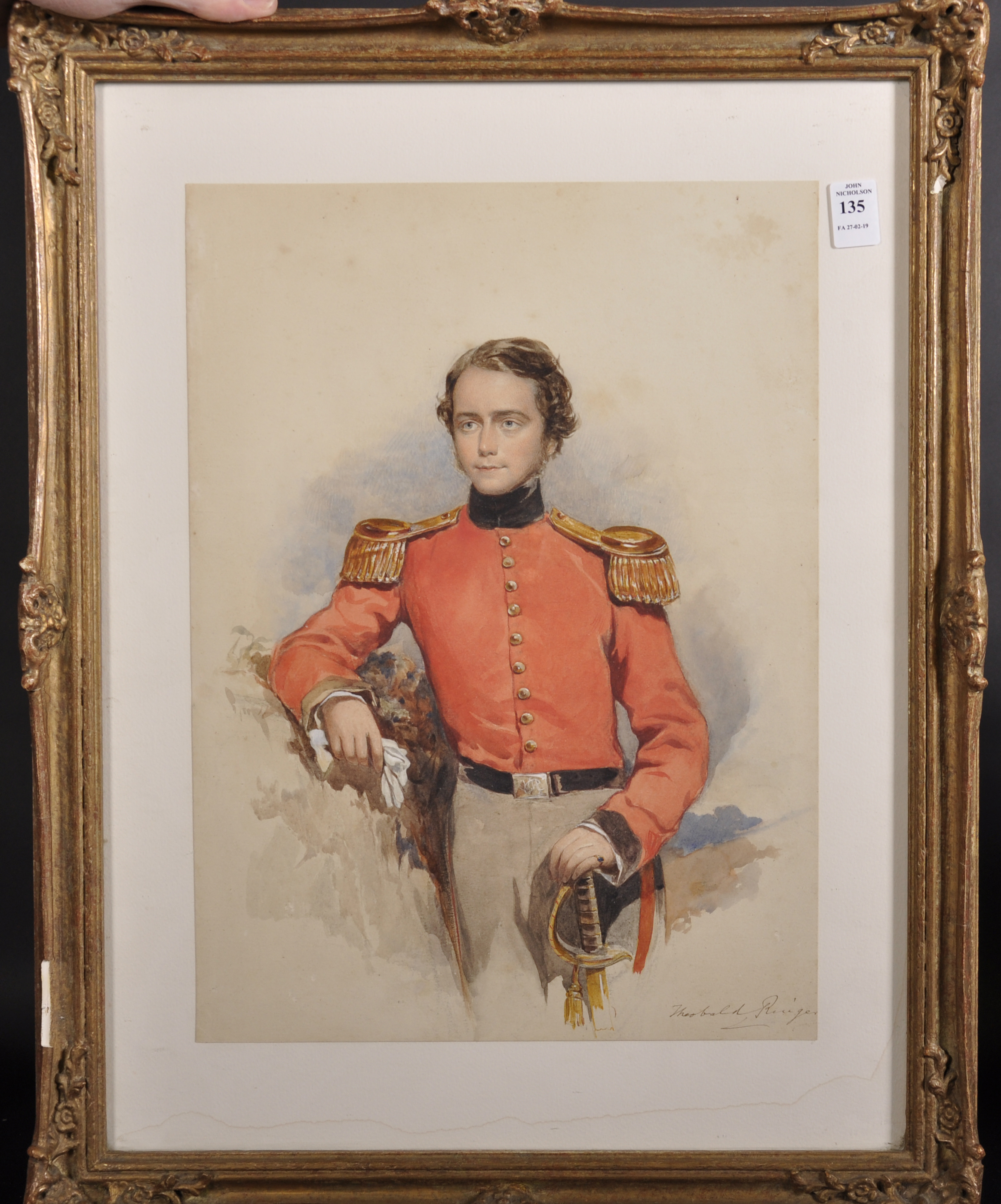 Theobald Ringer (1826-1906) British. A Young Officer in a Red Tunic, Watercolour, Signed, and - Image 2 of 5