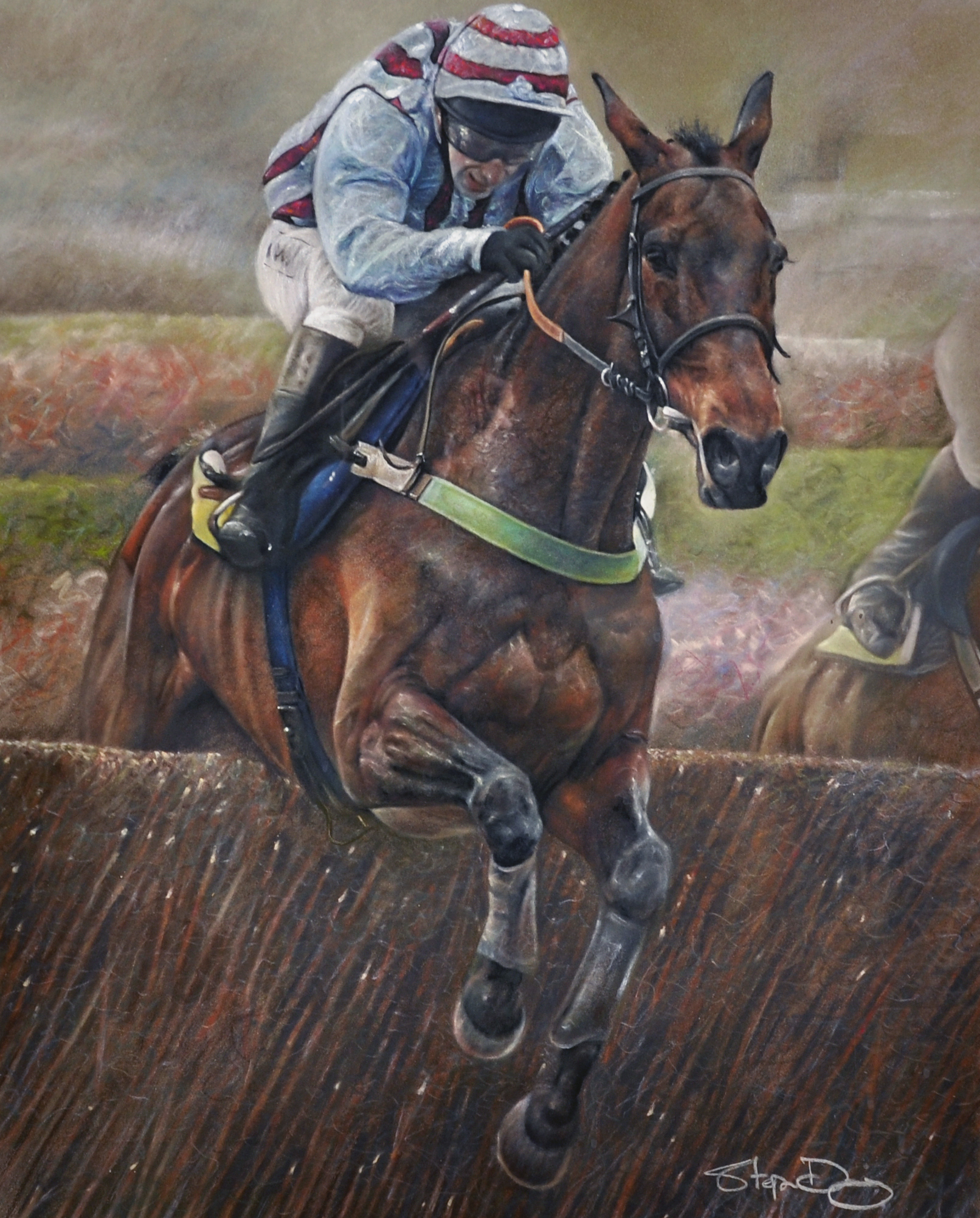 Stephen Doig (1964- ) British. "Best Mate", Taking a Fence, Pastel, Signed, 22" x 18".