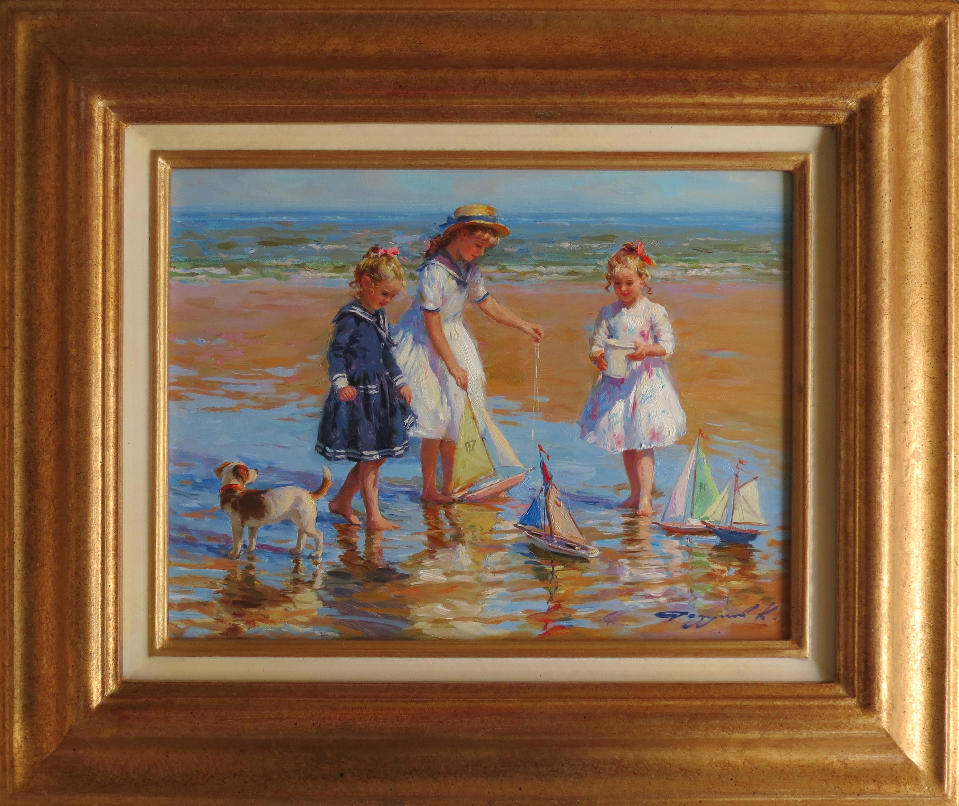 Konstantin Razumov (1974- ) Russian. "On the Seashore", Children and a Dog playing on the Beach with - Image 2 of 4