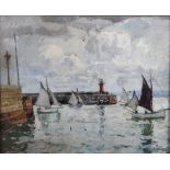 John Anthony Park (1880-1962) British. "St Ives", with Sailing Boats leaving the Harbour, Oil on