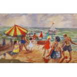 Leonard Rosoman (1913-2012) British. A Beach Scene with Figures by an Umbrella, Watercolour, Signed,