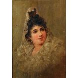 19th Century Spanish School. Portrait of a Lady wearing a Mantilla, Oil on Panel, 7" x 5", and the