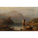 19th Century English School. A Highland River Landscape, with Figures by a Boat, Oil on Canvas,