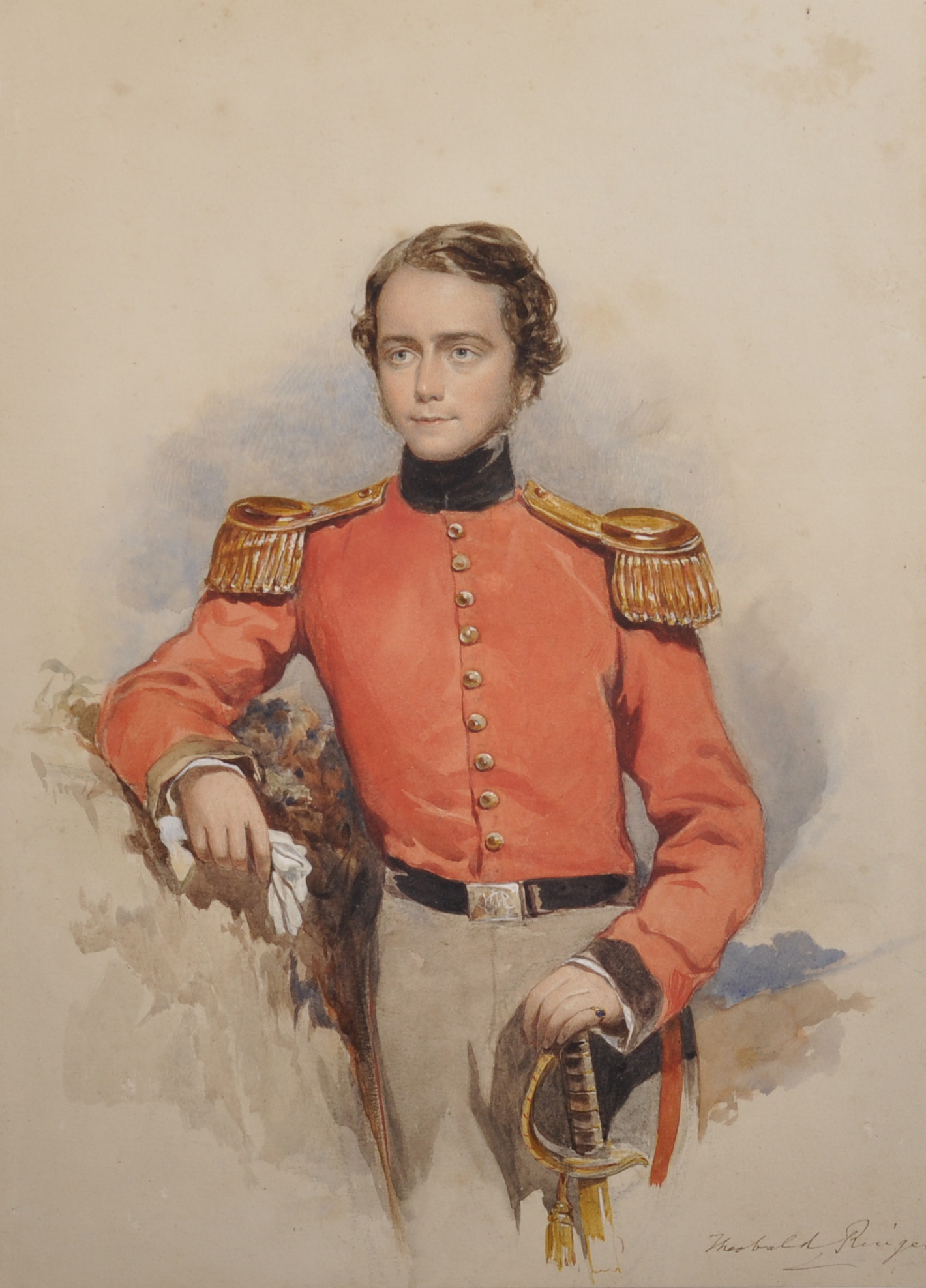 Theobald Ringer (1826-1906) British. A Young Officer in a Red Tunic, Watercolour, Signed, and