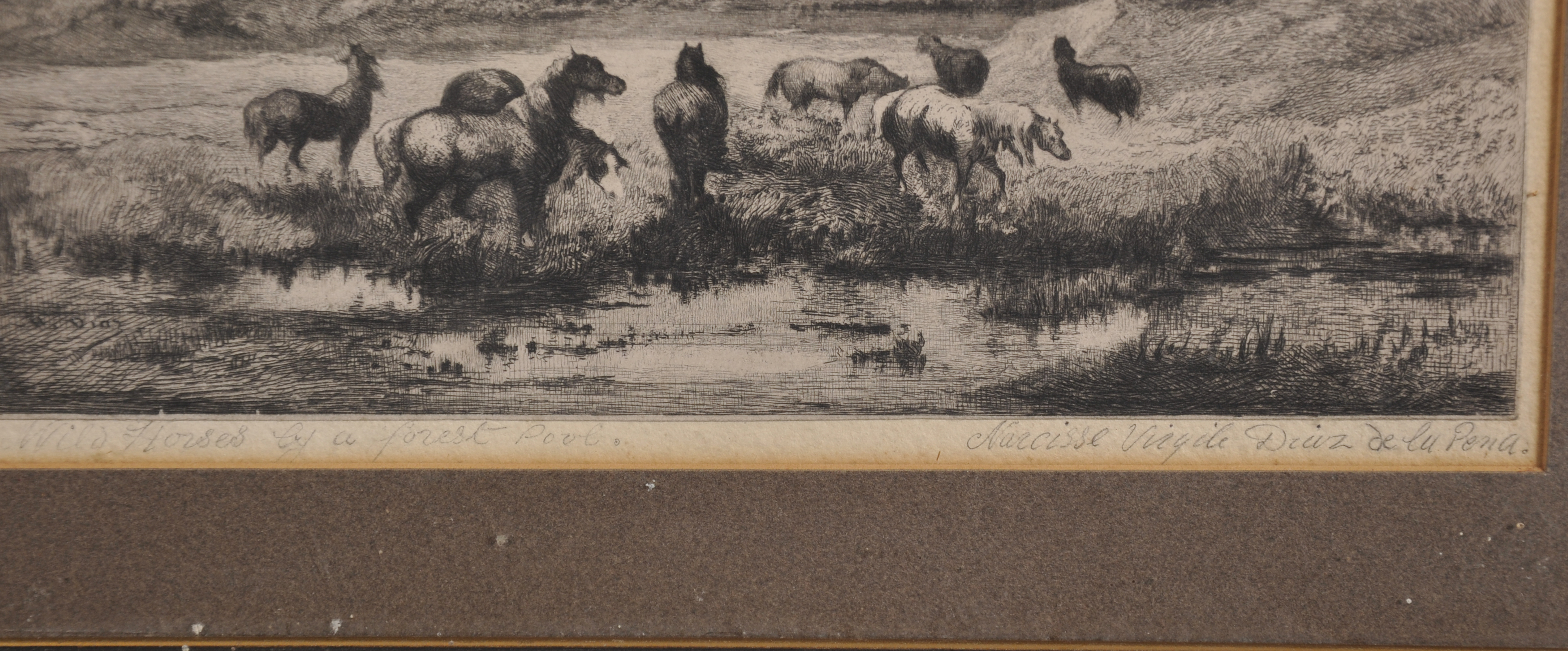 After Narcisse Virgile de la Pena (1807-1876) French. "Wild Horses by a Forrest Pool", Engraving, - Image 3 of 4